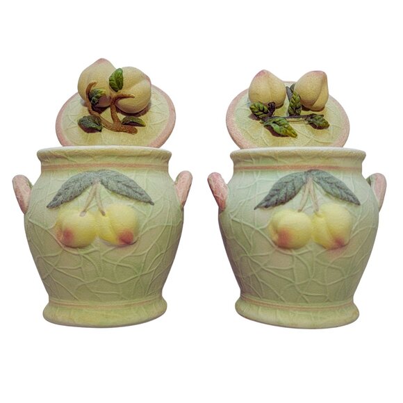 Set of 2 Crackle Ceramic Pastel Green Apricot Fruit Jars with Lids (EUC) - Picture 4 of 8